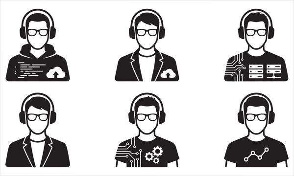 Programmer and it professional avatar icons with headphones and glasses black white programmer headphones computer technology software developer engineer communication internet