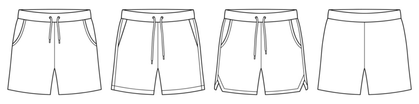 flat sketch set of mens athletic gym shorts with side slit and drawstring on transparent background. vector CAD mockup template.