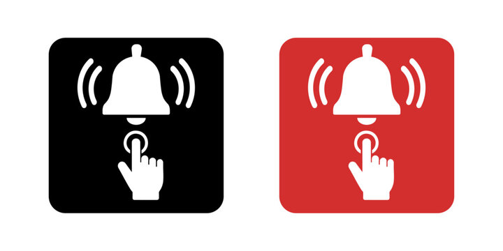 Fire alarm call point icon with ringing bell and hand press symbol. Emergency alarm activation sign for fire safety, evacuation systems and workplace protection