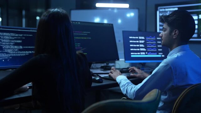 Coding team, Professional IT specialist and programmer working on software development, Male developer talking with female colleague about computer code, Modern and technology collaboration concept
