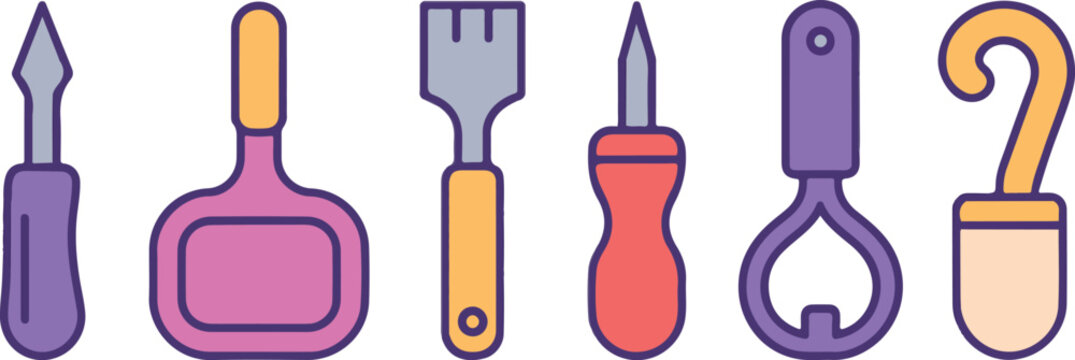 Kitchen and workshop hand tools collection featuring pointed awl wide spatula flat fork small screwdriver bottle opener and hook.
