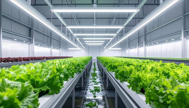 Part of Nusantara Harvest, Indoor vertical hydroponic farm growing green lettuce under LED