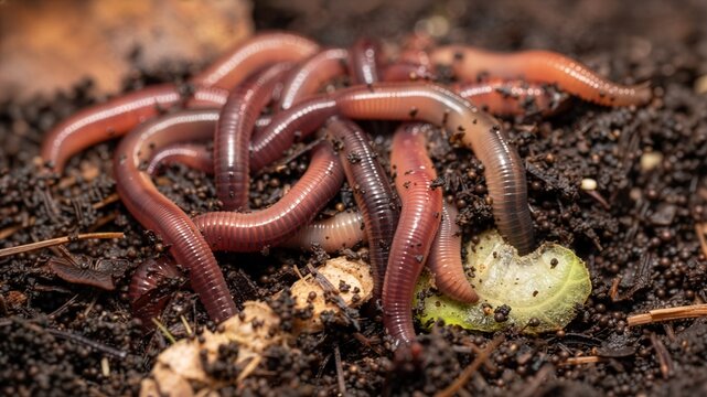 Part of Nusantara Harvest, Macro of red wiggler earthworms in dark vermicompost soil