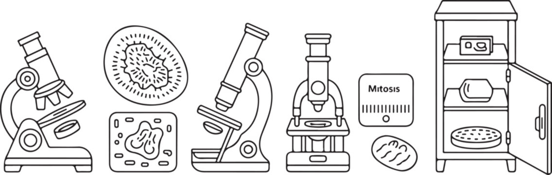 Laboratory science equipment set with microscopes slides and specimen storage cabinet for biological research study line icons.