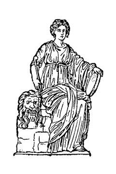 Thalia, Muse of Comedy, seated with comic mask, theatrical cloak, and ivy wreath, old vintage illustration, 1897.