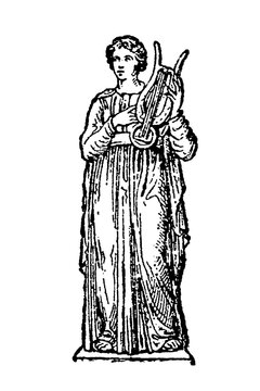 Terpsichore, Muse of Dance, holding a lyre, line art with classical drapery, old vintage illustration, 1897.