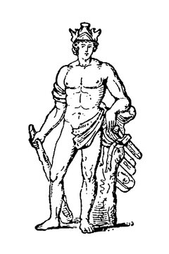 Theseus, Greek mythical hero and king of Athens, muscular figure with helmet and draped cloth holding a staff, old vintage illustration, 1897.