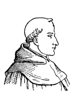 Thomas Aquinas, Italian Dominican friar, profile portrait with tonsure and traditional habit, old vintage illustration, 1897.