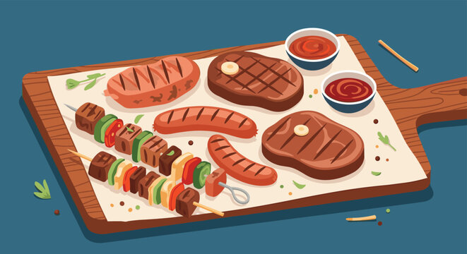 Wooden serving board filled with appetizing grilled meats including beef steaks, sausages, and colorful vegetable shish kebabs.
