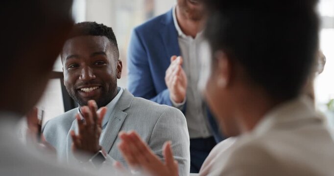 Business, applause and people in meeting, high five for celebration and thank you for support. Group, clapping and employees in workplace, cheering and excited for new project and achievement