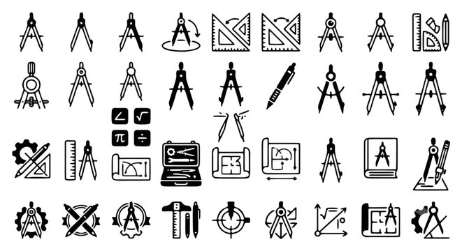 Drafting compass and geometry tool icons, professional architectural drawing equipment set, technical engineering and math vector symbols for blueprints