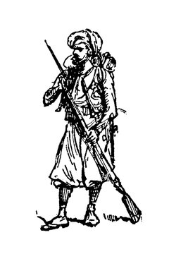 Zouave of the Armee d'Afrique, standing soldier with rifle, traditional North African-inspired uniform and backpack, detailed line engraving, old vintage illustration, 1897.