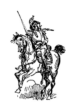 Cuirassier (end of 19th century) in full armor on a rearing horse, old vintage illustration, 1897.