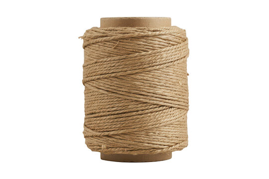 A single spool of thick brown jute twine wrapped tightly around a cardboard cylinder, isolated on a white background, for craft projects