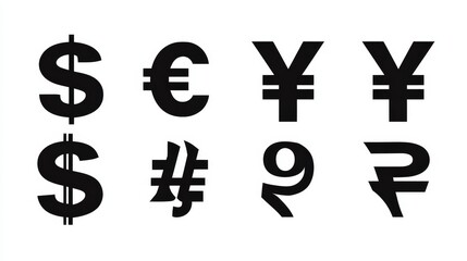 Set of the most popular currency symbol. Dollar, euro, yen, yuan, pound, rupee, ruble signs - stock vector.