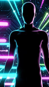 Glowing digital human silhouette with radiating neon light beams.