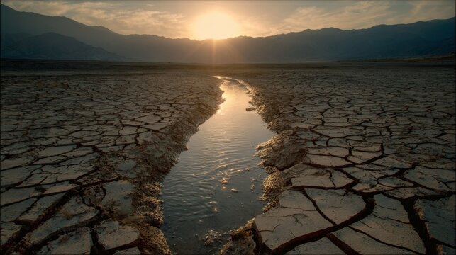 Drought, cracked, earth, arid, dry, barren, water, landscape, climate, desert scene with shrinking water channel across parched terrain and distant mountains under warm sunlight and hazy sky