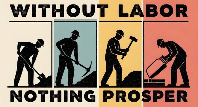 Labor Day Vintage style poster design featuring silhouettes of construction workers and laborers with the text without labor nothing prosper