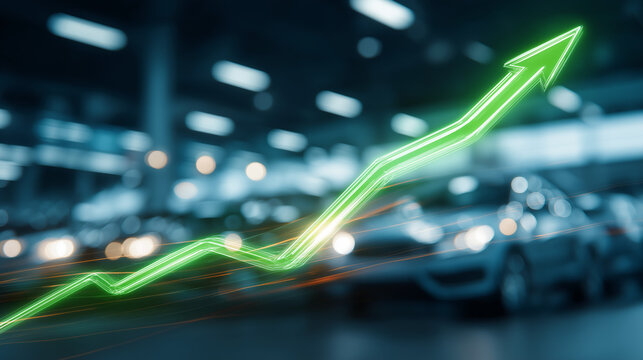 Upward Growth Arrow in Dealership: A vibrant green arrow, symbolizing exponential growth and positive trends, ascends sharply over a blurred backdrop of new cars in a brightly lit dealership.