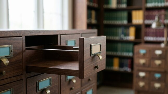 Open empty drawer of a vintage wooden card catalog cabinet. Antique library filing system with brass handles and blurred bookshelves