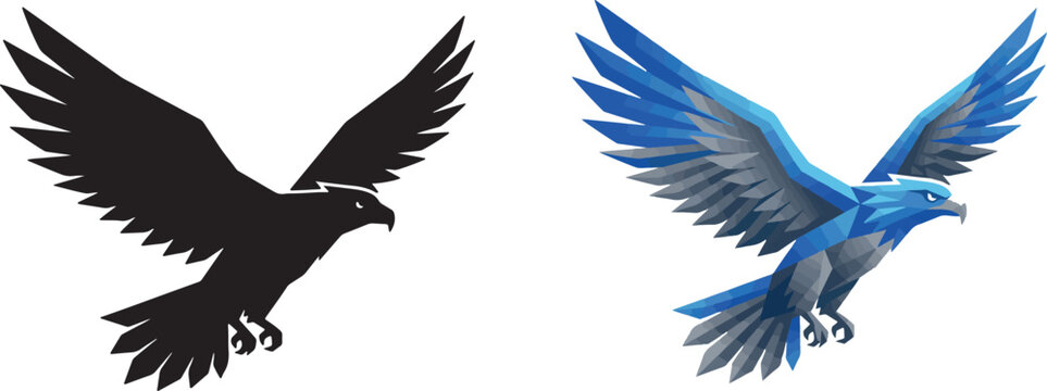 Dynamic vector illustration showing a majestic soaring eagle with blue geometric patterns and black silhouette