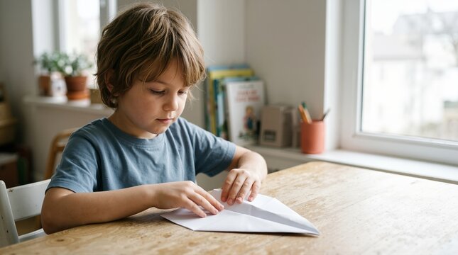 Young boy folding a white paper airplane at a wooden table. Focused child engaged in a creative craft at home. Daily life and childhood hobby concept