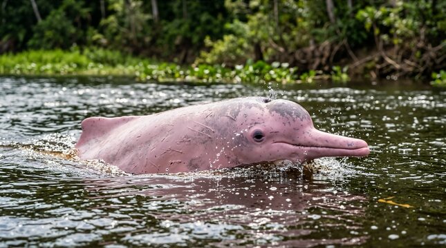 Rare pink river dolphin surfacing in a tropical river. Boto swimming in its natural rainforest habitat. Amazonian wildlife close up
