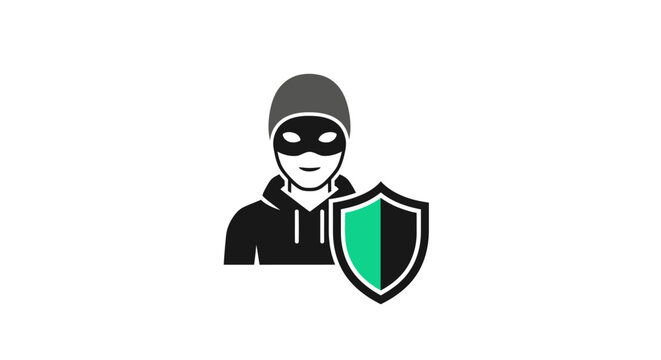 Hacker with mask and shield logo.