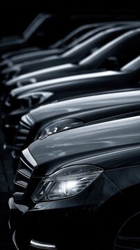 Stunning photo of black sedan cars standing in a row Fleet of generic modern cars Transportation Luxury car fleet consisting of generic brandless design isolated in dark.