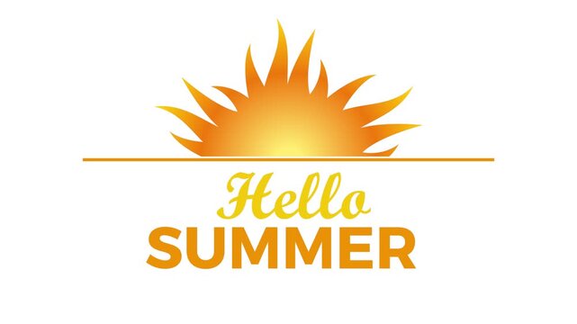 Orange sun rising with hello summer text banner