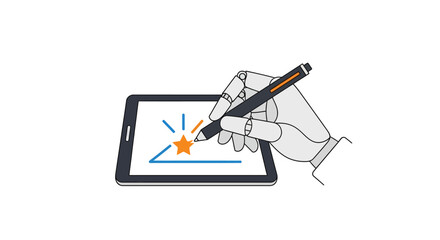 Fototapeta premium Hand holding stylus on tablet screen.