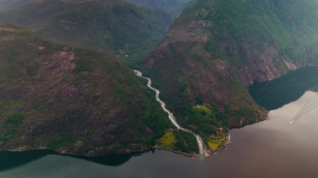 Aerial Drone Footage of Langfossen Waterfall, Norway
