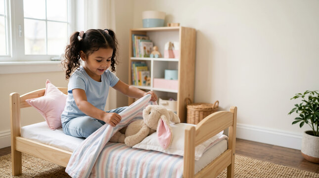 Little girl tucking a plush bunny toy into a small wooden bed. Child playing pretend and caring for a stuffed animal in a bright nursery. Nurturing childhood roleplay
