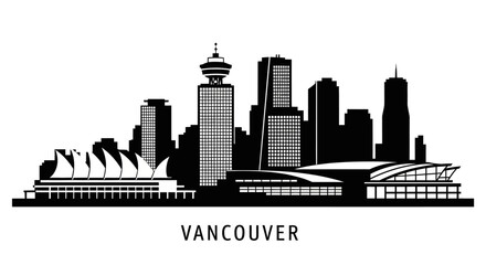 Fototapeta premium Vancouver Cityscape Silhouettes: Architectural Landmarks, Black and White Vector