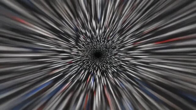 Abstract visualization of hyperdrive or warp speed travel through a tunnel of streaking lights in red blue and white against a dark void with a central black hole effect. Keywords: abstract, warp