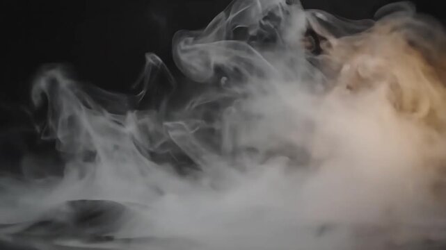 Wisps of white and grey smoke or vapor are swirling and coalescing in the center against a dark background, with hints of warm orange light on the right side, creating a dramatic and ethereal