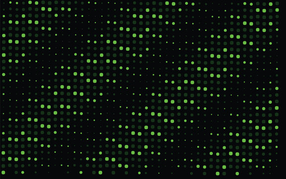 Cyberpunk green halftone pattern on black background, digital matrix dot grid vector, futuristic technology data texture for gaming and coding