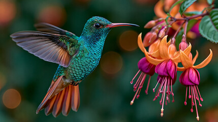 Obraz premium High-resolution macro photograph of a glittering green hummingbird with spread wings approaching a cluster of pink and orange fuchsia flowers.