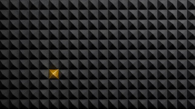 Single polished gold pyramid standing out in a pattern of dark acoustic foam