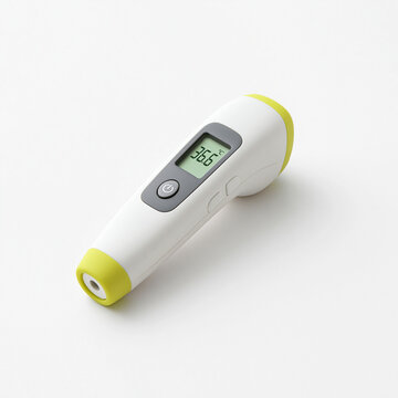 A digital thermometer rests on a plain white surface to measure body temperature for health monitoring