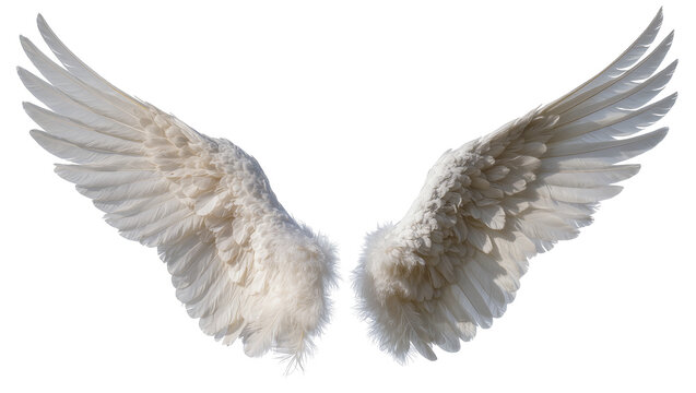 Pair of large white feathered angel wings spread open