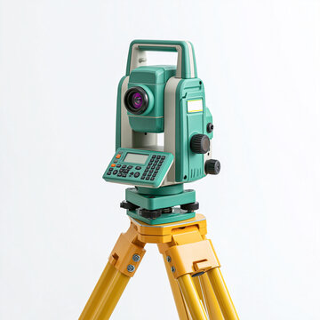 A professional surveying total station device stands mounted on a yellow wooden tripod against a white background
