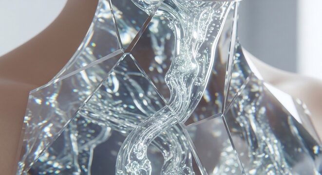 Person wearing intricate transparent glass dress in plain setting