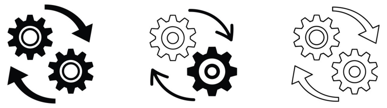 Workflow automation and settings synchronization icon set featuring process automation symbols, configuration tools, and data sync cycles for digital systems, software management, and UI design, vecto