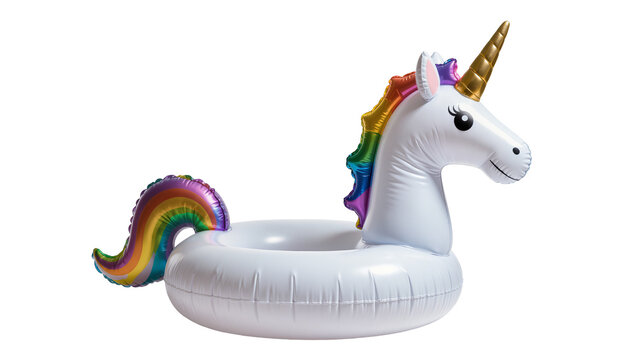 White inflatable unicorn pool float with rainbow mane and tail