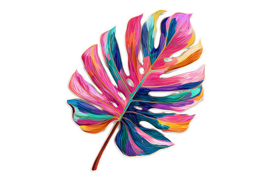 Colorful vector tropical leaf sticker, vibrant green and yellow monstera foliage, isolated on transparent background