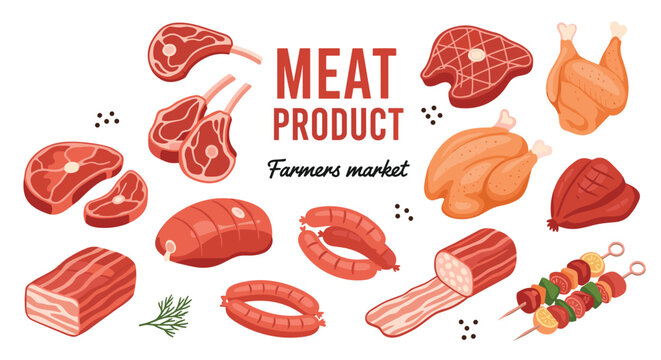 Variety of meat products including beef steaks, pork chops, chicken, sausages, and shish kebabs for a farmers market stall.