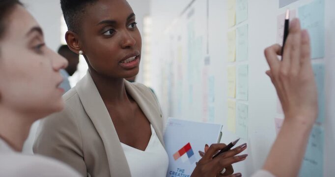 Business, woman or sticky note on whiteboard in office for training, planning or agenda for accounting. People, talk or timeline in meeting for coaching, brainstorming or idea for investment proposal