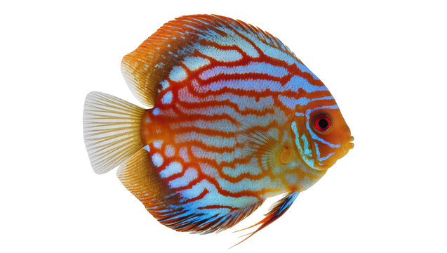 Orange and blue striped discus fish with red eye