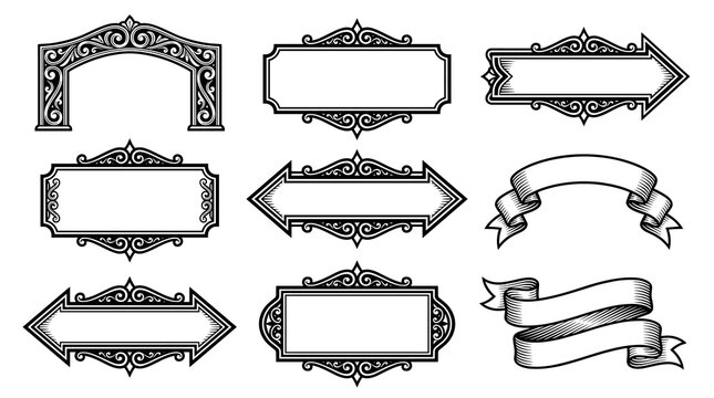 Collection of ornate vintage frames and banners in decorative line art, abstract symmetrical borders, ornamental flourishes, retro design elements